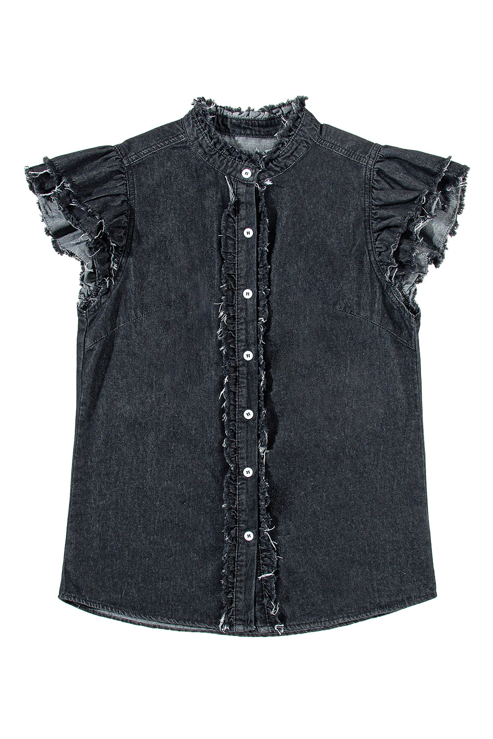 Black Button Front Ruffled Flattern Franed Denim Top