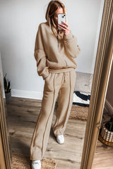 Ensemble veste zippée à coutures unies et pantalon à taille avec cordon de serrage abricot-A WOMAN WE LOVE