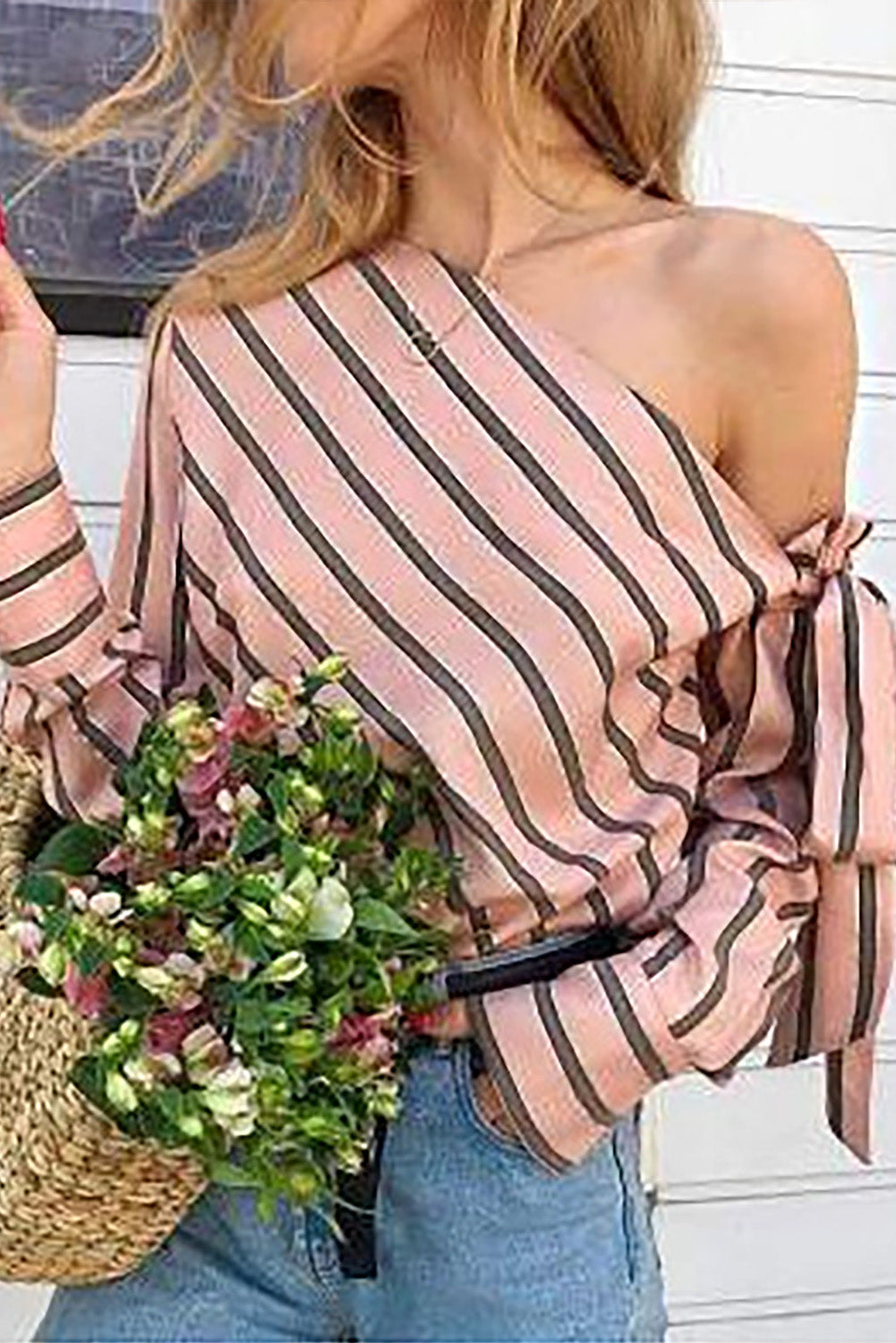 Pink Striped Asymmetric Tied Shoulder Blouse