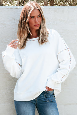 White Drop Shoulder Sweatshirt with Contrast Rainbow Trim