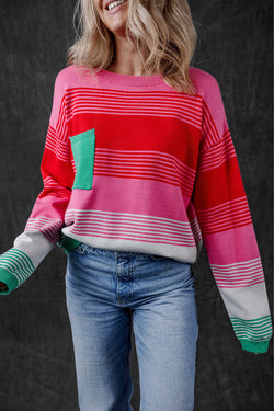 Pull shoulder sweater and knitted pink pocket pocket with pink stripes