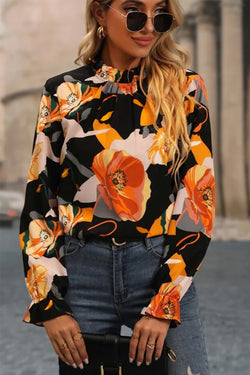 Black blouse with stand -up collar and floral print