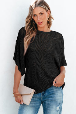 Black high with short sleeves in Pointelle mesh with scalloped edges