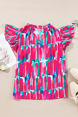 V -neck blouse and flushed sleeves with pink abstract brush print