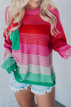 Pull shoulder sweater and knitted pink pocket pocket with pink stripes