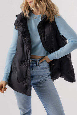 Black quilted jacket with high collar and zipper