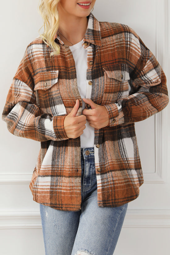 Brown plaid jacket with flap pockets