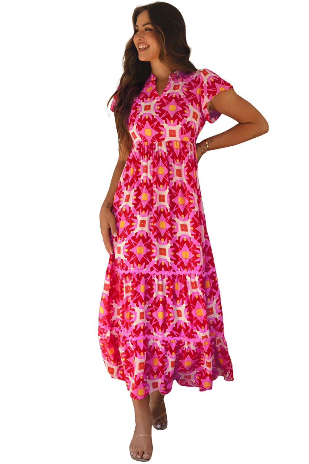 Erdbeerrosa Geo Print V-Ausschnitt Maxikleid