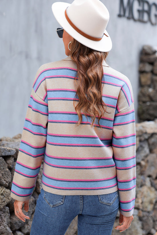 Apricot Striped V-Neck Drop Shoulder Loose Sweater