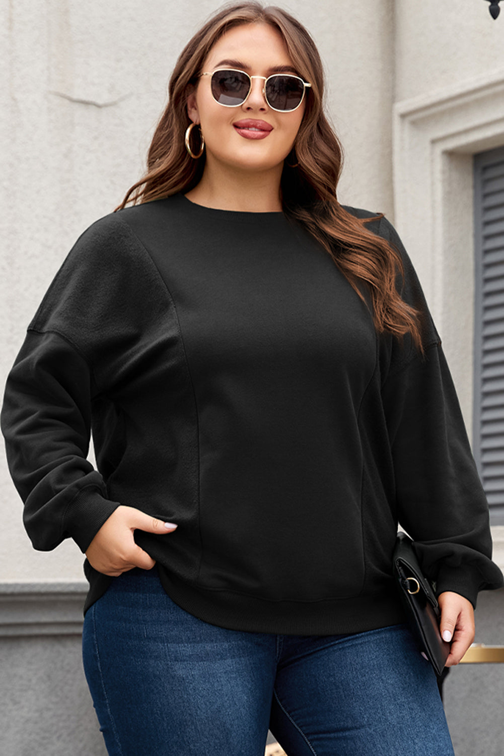 Black Crew Neck Patchwork Loose Sweatshirt Plus Size