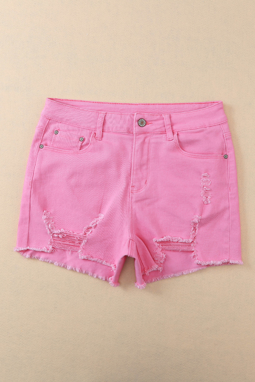 Short en denim vieilli de couleur unie rose