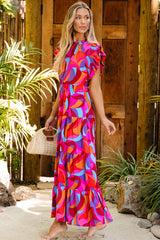 Robe Longue Imprimée Abstraite à Volants *