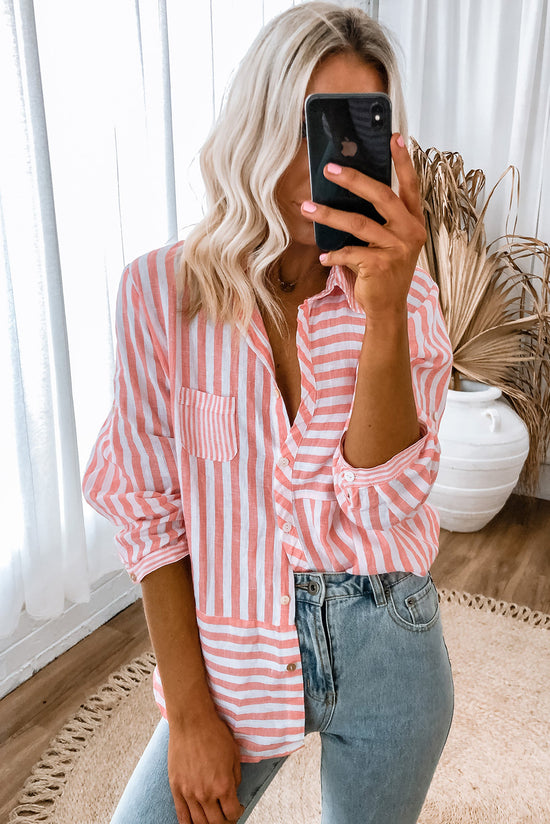 Long -sleeved and pink striped casual shirt