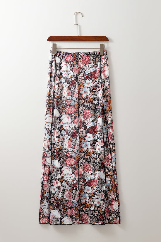 Long high waist skirt with brown floral print