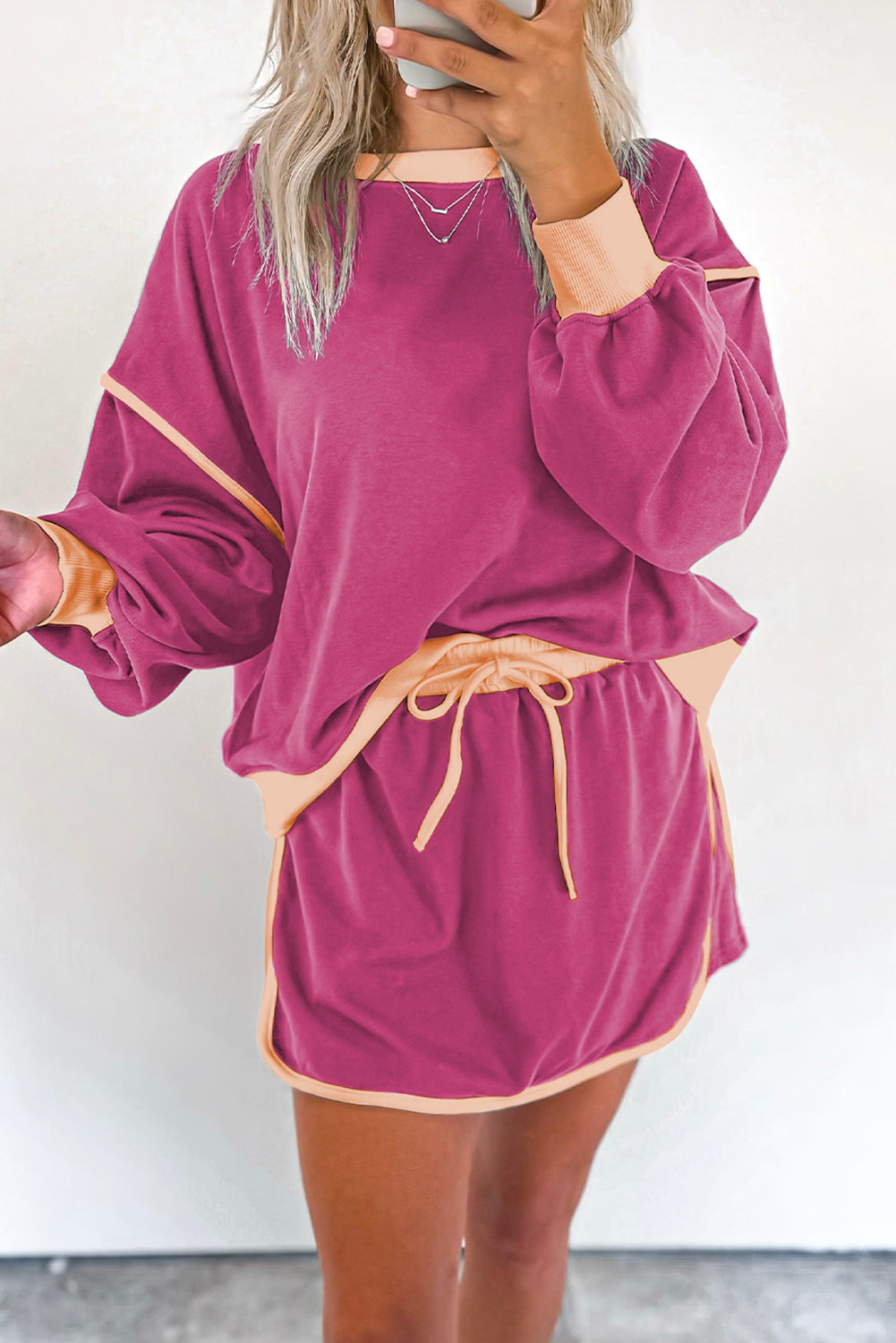 Pink -colored large -colored sweater set *