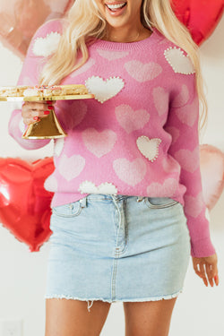 Pull rose à col rond et imprimé cœur perlé pour la Saint-Valentin