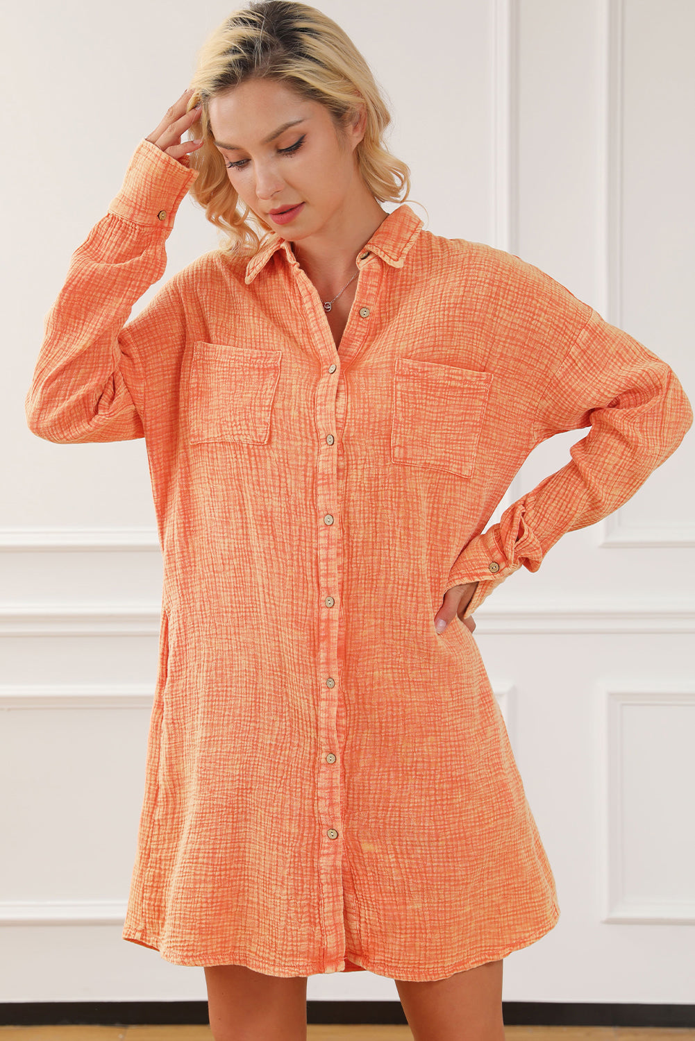 Robe de chemise surdimensionnée de poche à double poitrine orange