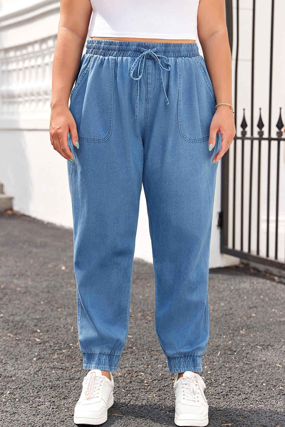 Dusk Blue Denim Jogger Pants with Waist Pockets and Oversized Drawstring