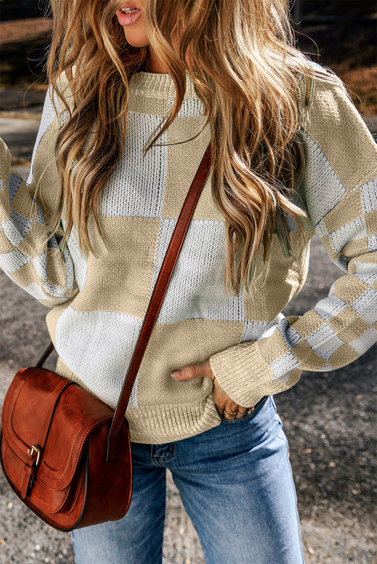 Linen Plaid Print Drop Shoulder Sweater