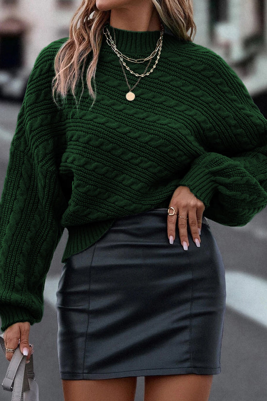 Blackish Green Lantern Sleeve Cable Knit Sweater with High Neck