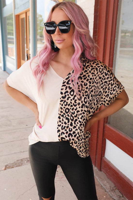 Contrasting khaki blouse leopard color block