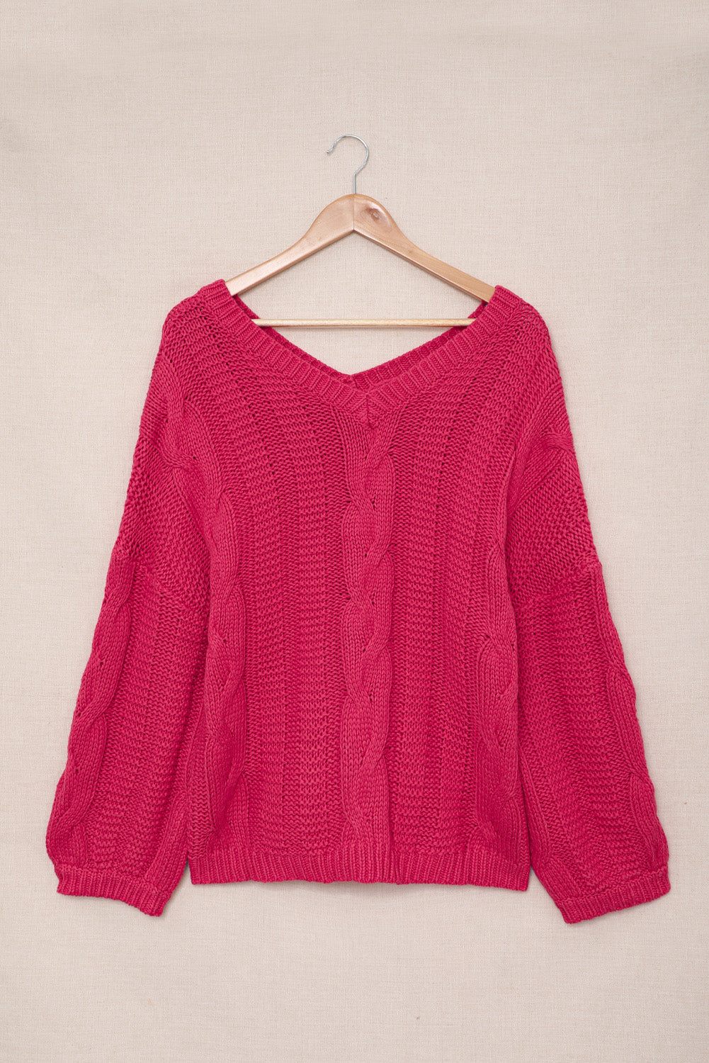 Bubblegum Pink V-Neck Braided Knit Sweater