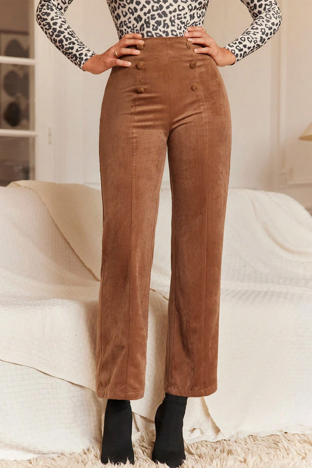 Pantalon droit croisé de couleur unie marron