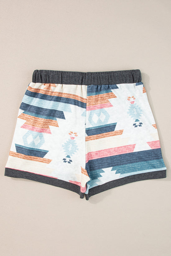 White Aztec Print Casual Shorts with Drawstring Waist