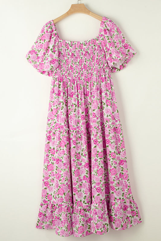 Robe Rose Smockée à Manches Bouffantes et Imprimé Floral de Grande Taille