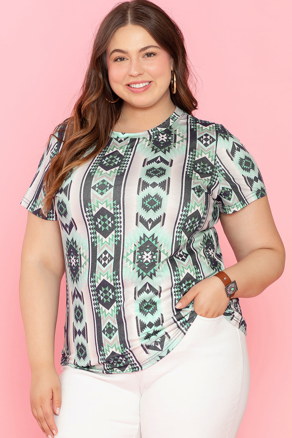 T-shirt Green Retro Aztec Print Plus Size