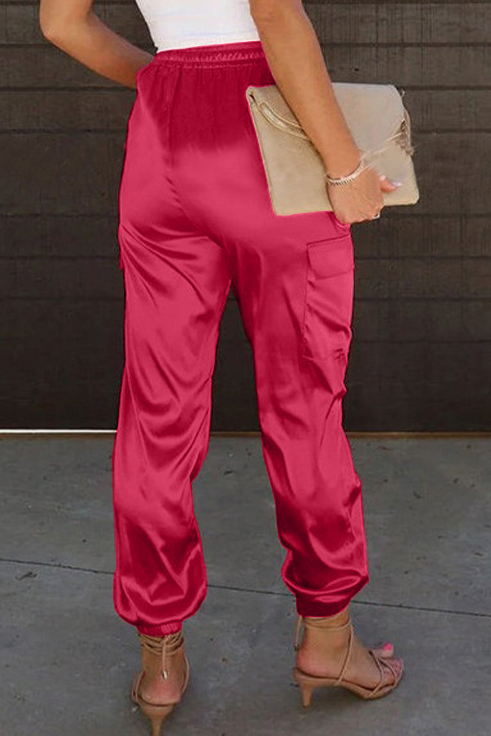 Pantalon taille élastique avec cordon de serrage et poches en satin rose