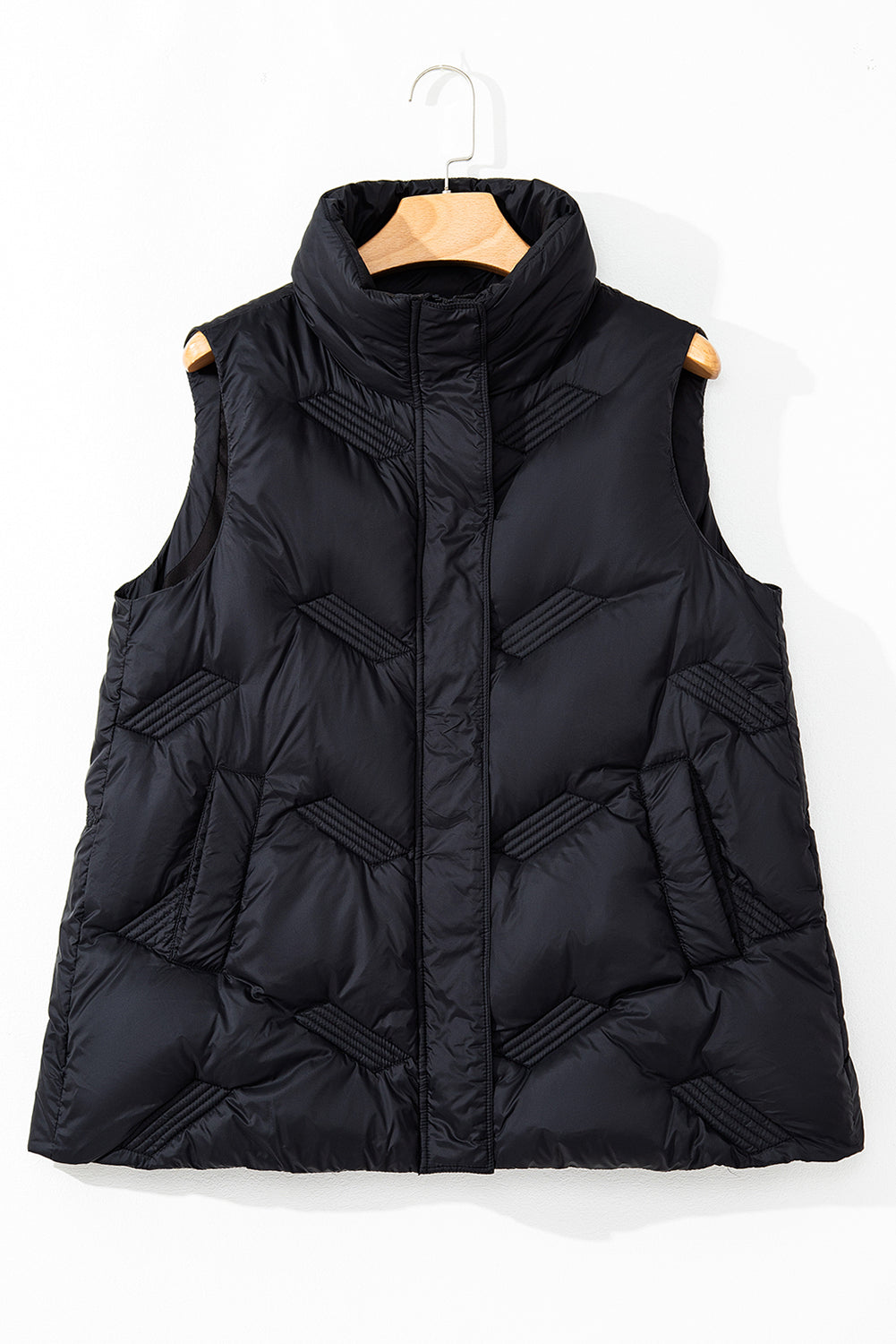 Black quilted jacket with high collar and zipper