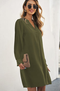 Green V-neck slit shirt dress with ruffle sleeves