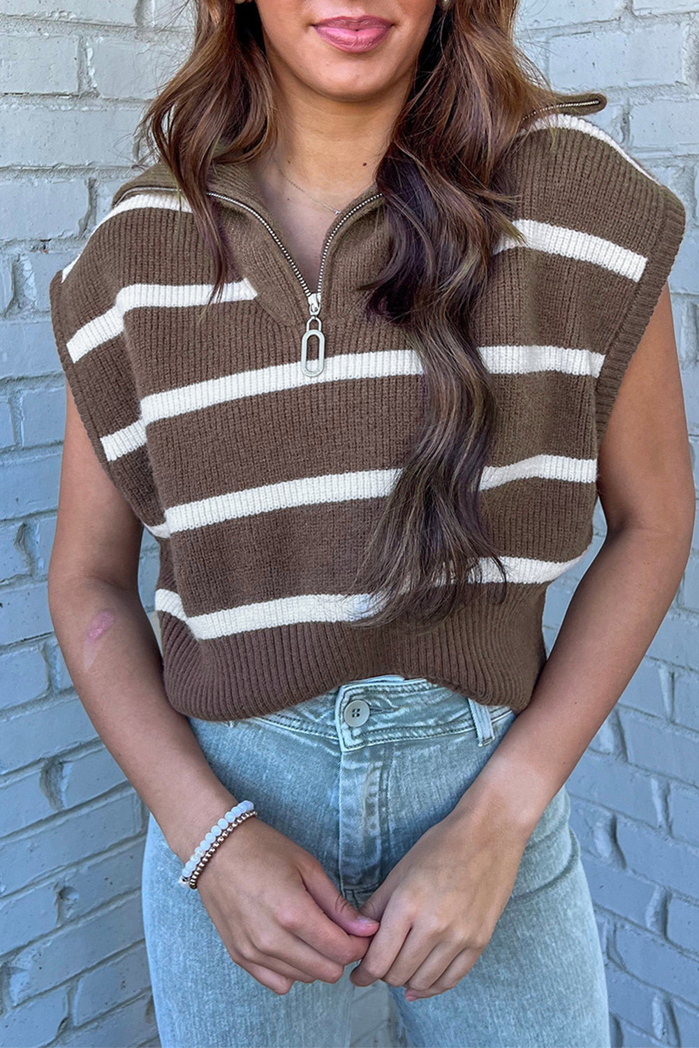 Brown Stripe Zipped Collar Cap Sleeve Knit Top