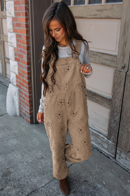 Khaki corduroy overalls with floral print