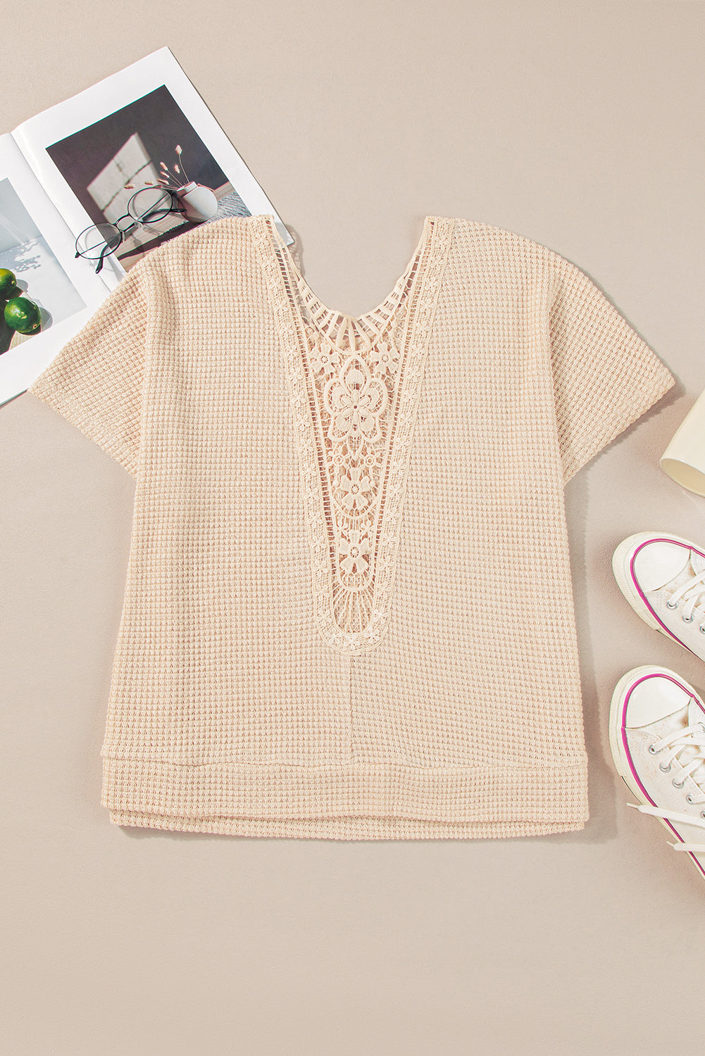 BEIGE GUIPURE INSERT TEE TEE TEE