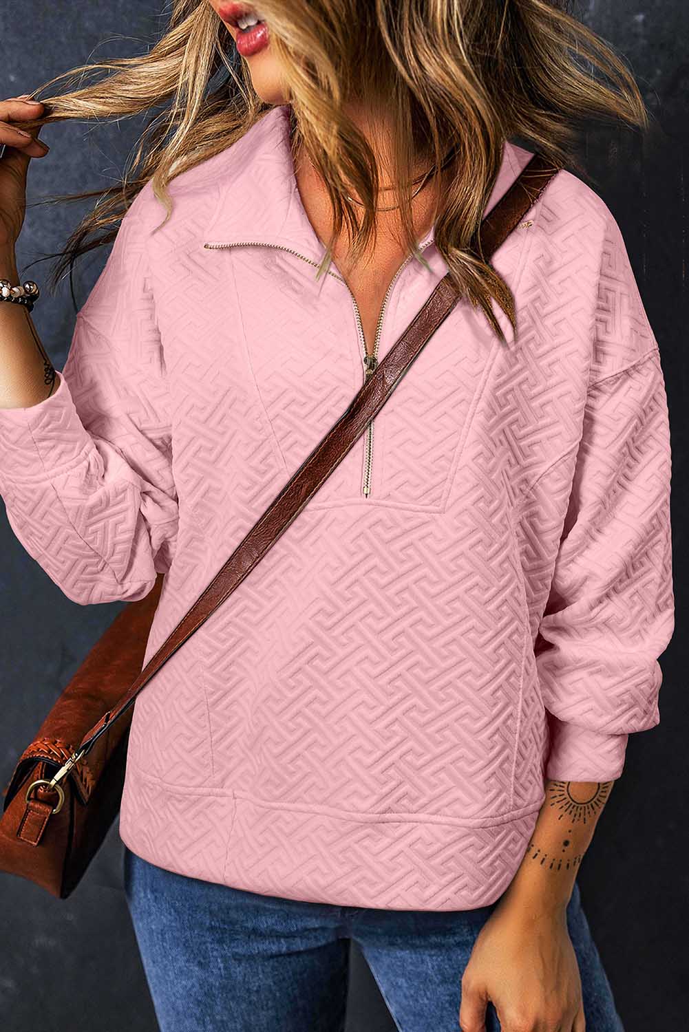 Light Pink Solid Textured Half Zip Crew Neck Sweatshirt