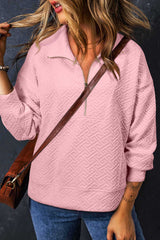 Light Pink Solid Textured Half Zip Crew Neck Sweatshirt