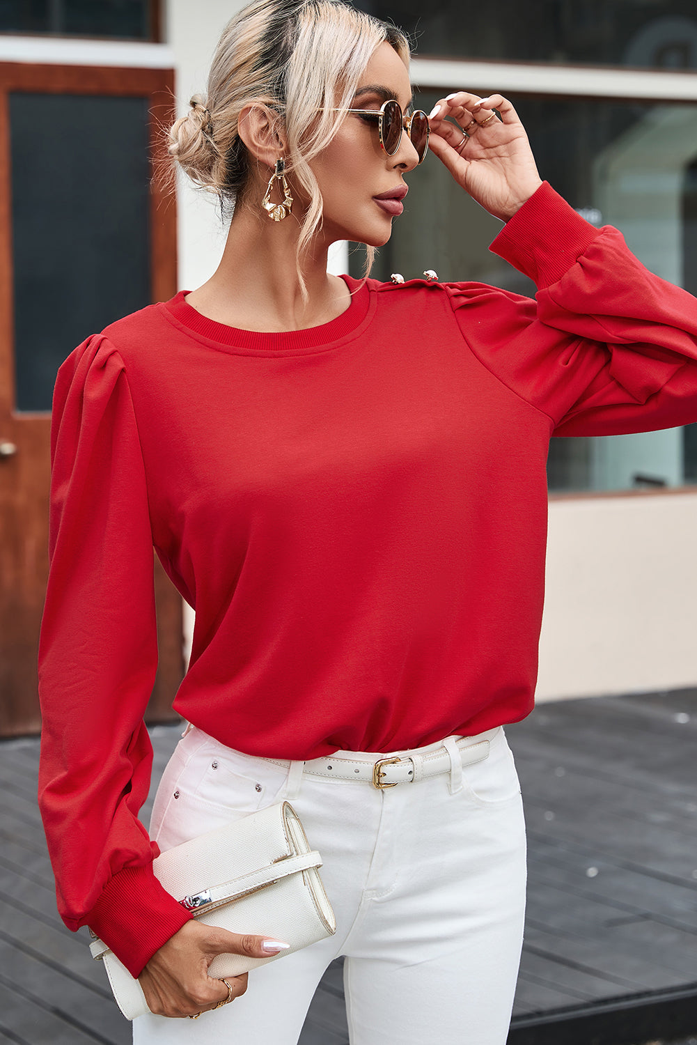 Fiery Red Button Tab Detail Long Sleeve Top