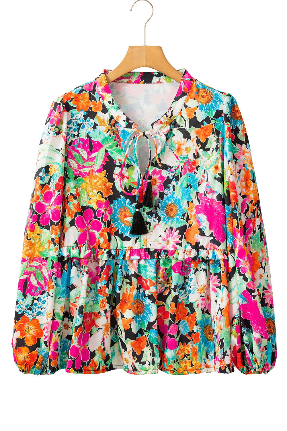 Blouse multicolore à volants et col en V à manches bulles et imprimé floral