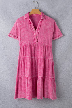 Strawberry Pink Crinkled Ruffle Dress, Mineral Wash, Split Neck, Raw Hem