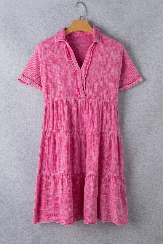 Strawberry Pink Crinkled Ruffle Dress, Mineral Wash, Split Neck, Raw Hem