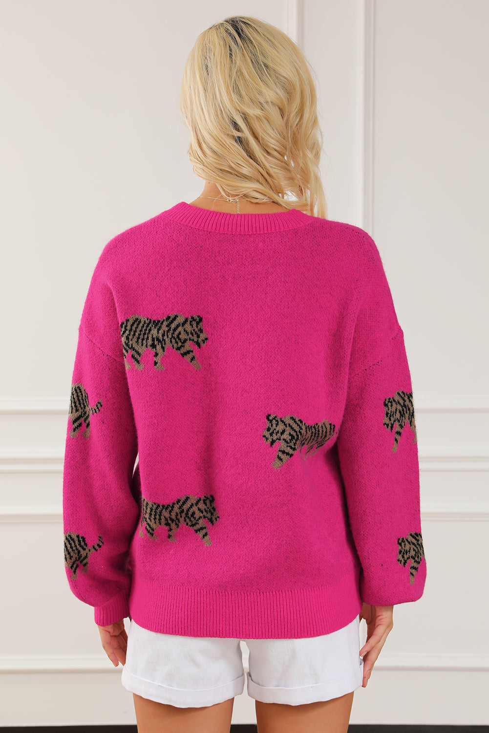 Pull tricoté décontracté à motif animal féroce rose rouge