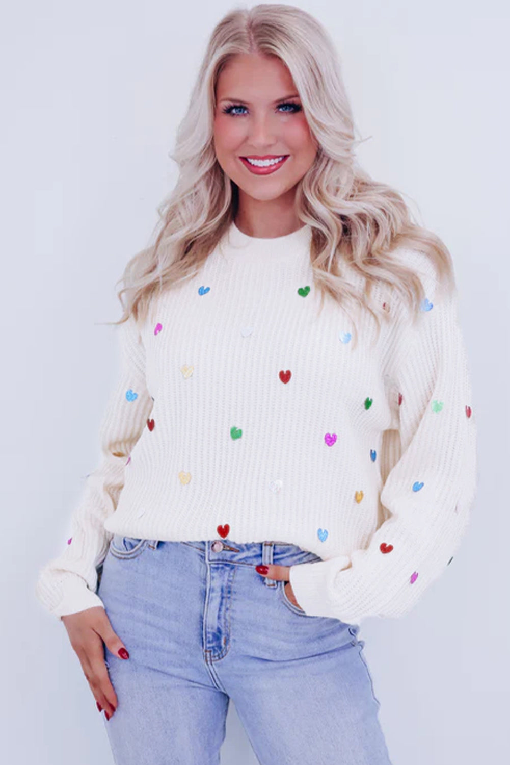 Beige Sequin Heart Waffle Knit Crew Neck Sweater