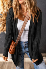 Cardigan noir en maille torsadée à œillets et bordures côtelées-A WOMAN WE LOVE