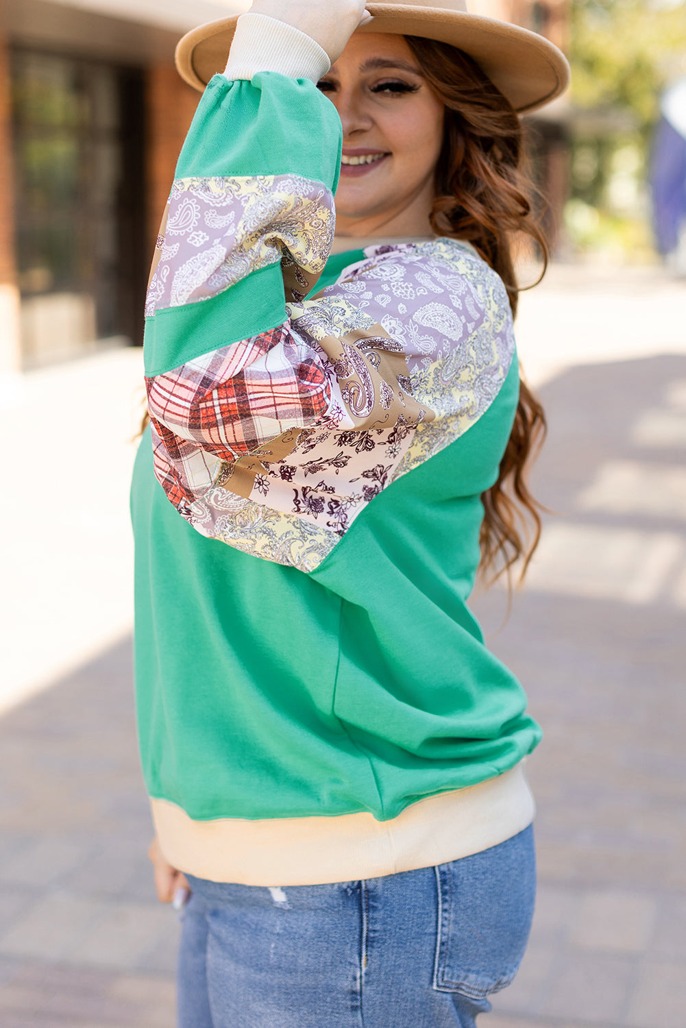 Sky Blue Blue Plus Sall Tall Sablo Patchwork Floral Raglan Sw para la manga de raglán