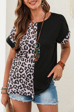 Black top with short sleeves and half-leopard patchwork