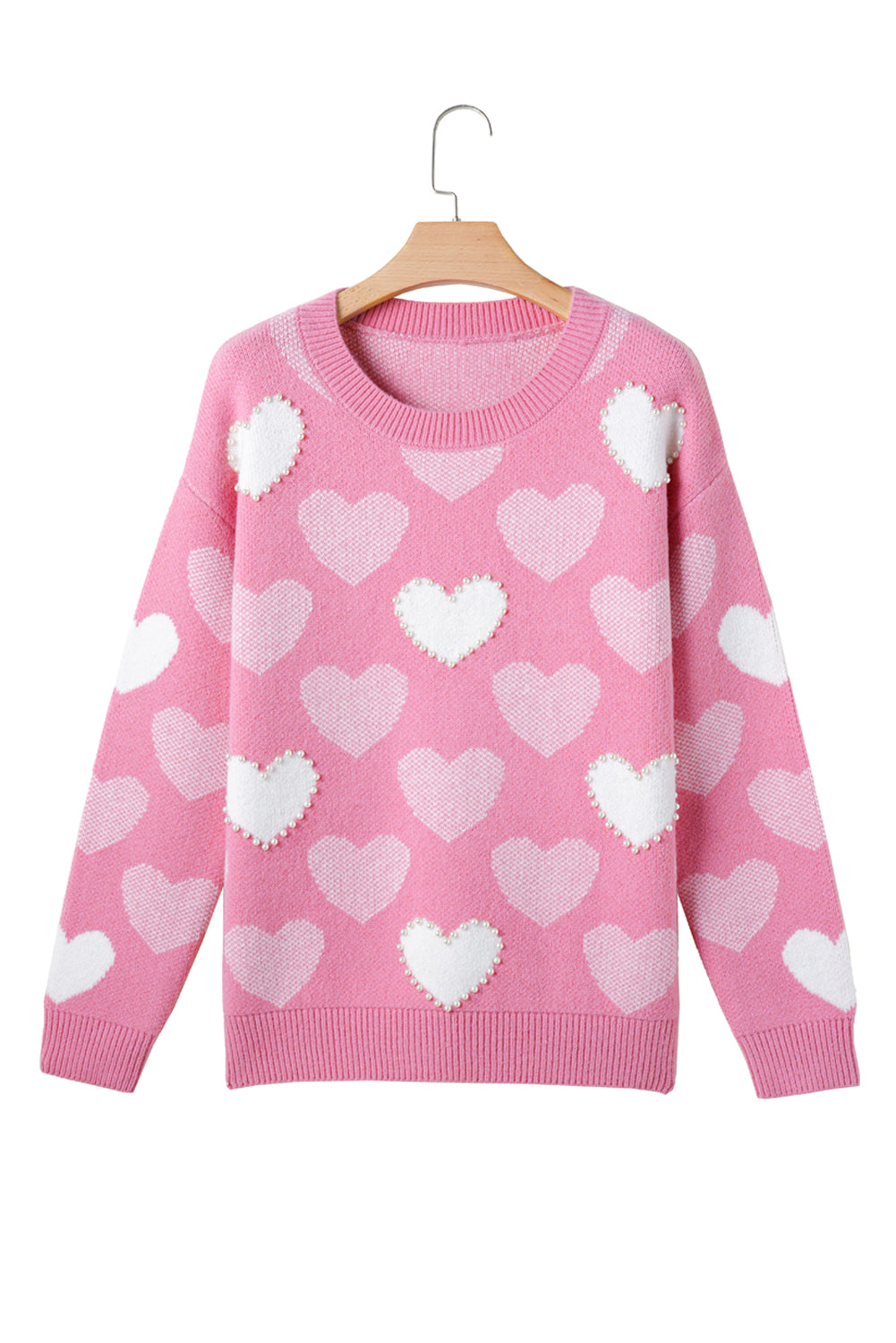 Pink Crew Neck Sweater with Pearl Heart Print for Valentine's Day