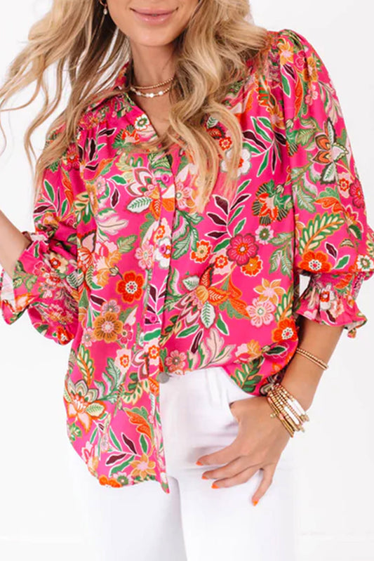 Camicia manica con cuffia smock con stampa floreale rosa alla fragola