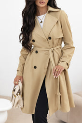 Pale khaki windbreaker coat, solid color, lapel collar, waist tie